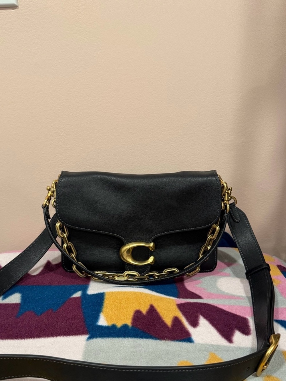 Coach Black Leather Shoulder Bag with Gold Chain and C Accent